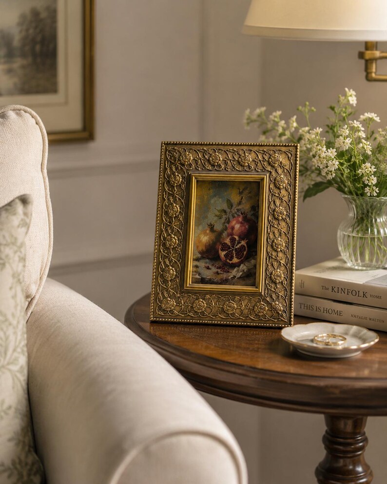 Vintage Gallery Wall Small Artwork - Ready to Hang, Ornate Gold Rose Frame, Pomegranate Still Life Giclée Print, 4x6 image 8