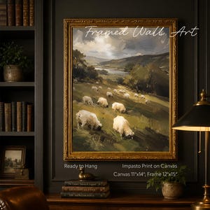Cuadro enmarcado con paisaje pastoral de ovejas, estilo vintage, pintura campestre, marco dorado antiguo ornamentado, arte de pared listo para colgar.