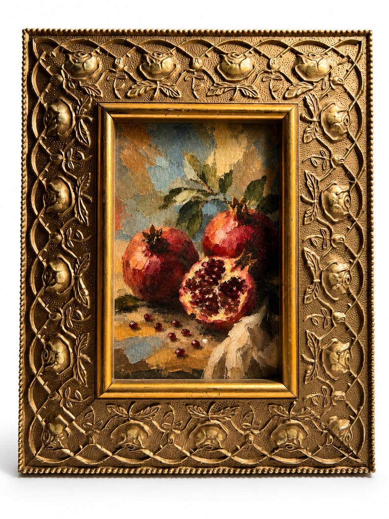 Vintage Gallery Wall Small Artwork - Ready to Hang, Ornate Gold Rose Frame, Pomegranate Still Life Giclée Print, 4x6 image 3