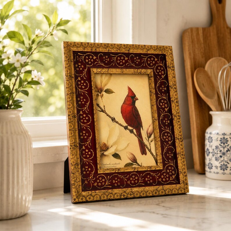 Vintage-Galeriewandbild, kleines Kunstwerk – fertig zum Aufhängen, burgunderroter Goldfiligranrahmen, Giclée-Druck „Nordkardinal“, 4x6 Bild 4