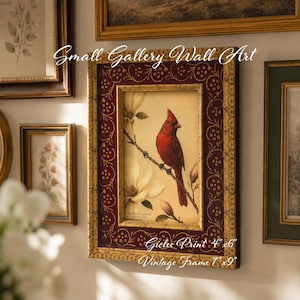 Vintage Gallery Wall Small Artwork - Ready to Hang, Burgundy Gold Filigree Frame, Northern Cardinal Giclée Print, 4x6