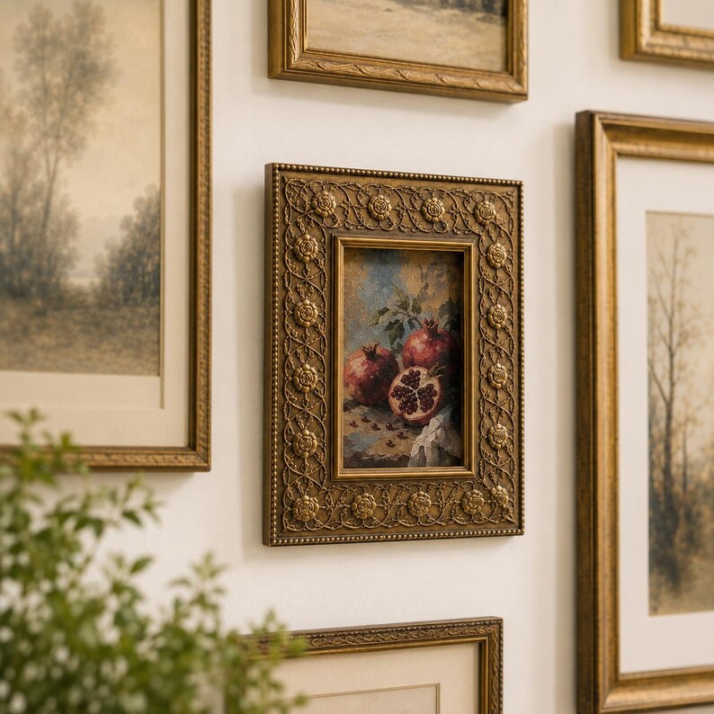 Vintage Gallery Wall Small Artwork - Ready to Hang, Ornate Gold Rose Frame, Pomegranate Still Life Giclée Print, 4x6 image 5