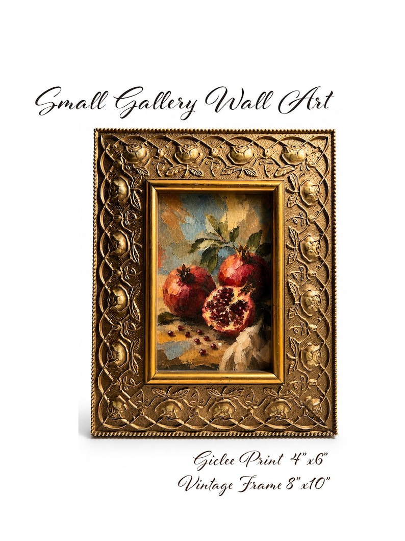 Vintage Gallery Wall Small Artwork - Ready to Hang, Ornate Gold Rose Frame, Pomegranate Still Life Giclée Print, 4x6 image 1
