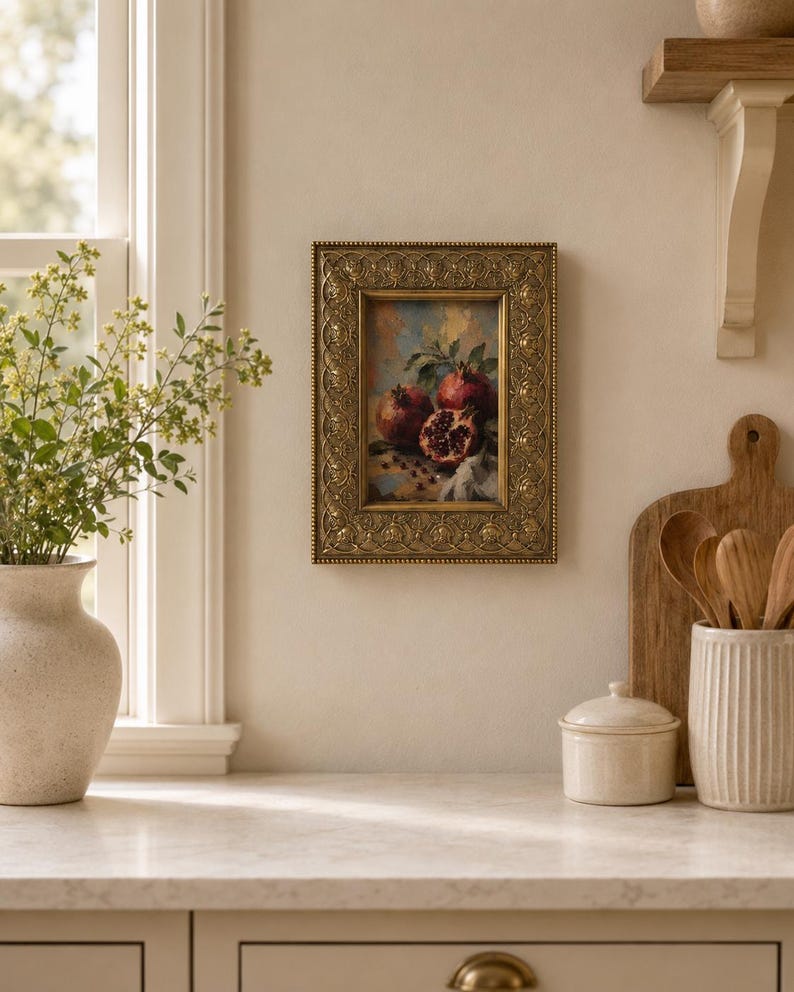 Vintage Gallery Wall Small Artwork - Ready to Hang, Ornate Gold Rose Frame, Pomegranate Still Life Giclée Print, 4x6 image 9