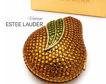 Raro e vintage Estée Lauder Luxury Lucidity Powder Compact Crystal Pear Topaz Green Leaf Pavé Crystals Mint da collezione