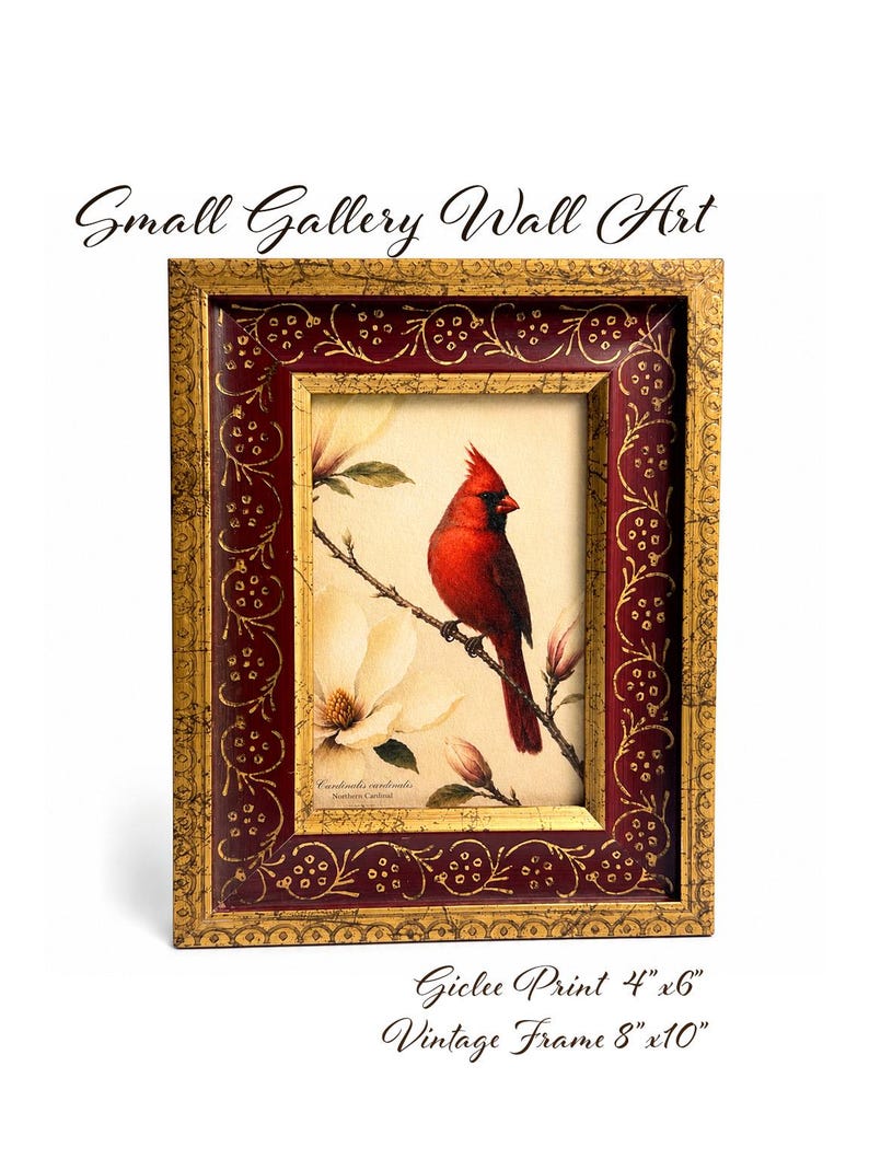 Vintage-Galeriewandbild, kleines Kunstwerk – fertig zum Aufhängen, burgunderroter Goldfiligranrahmen, Giclée-Druck „Nordkardinal“, 4x6 Bild 16
