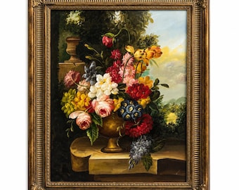 Vintage Blumen Stillleben Öl auf Leinwand Gemälde Verzierten Goldvergoldeten Rahmen Blumenstrauß Garten Urne Wandkunst 20x16 Gerahmt 25x21