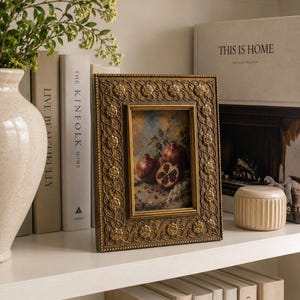 Vintage Gallery Wall Small Artwork - Ready to Hang, Ornate Gold Rose Frame, Pomegranate Still Life Giclée Print, 4x6 image 10