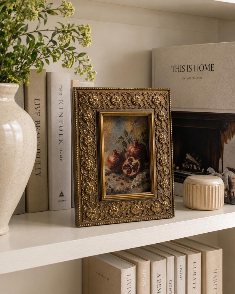 Vintage Gallery Wall Small Artwork - Ready to Hang, Ornate Gold Rose Frame, Pomegranate Still Life Giclée Print, 4x6 image 10