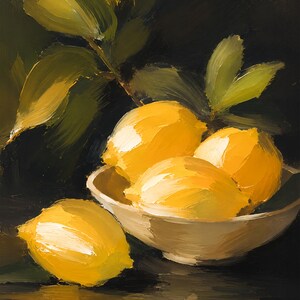 Puede incluir: Una pintura al &oacute;leo que representa tres limones de color amarillo brillante colocados en un cuenco blanco poco profundo, con un lim&oacute;n adicional descansando al lado. Hojas de color verde oscuro se extienden desde arriba sobre un fondo oscuro.