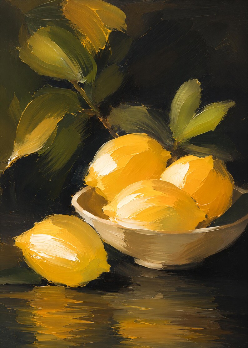 Puede incluir: Una pintura al &oacute;leo que representa tres limones de color amarillo brillante colocados en un cuenco blanco poco profundo, con un lim&oacute;n adicional descansando al lado. Hojas de color verde oscuro se extienden desde arriba sobre un fondo oscuro.