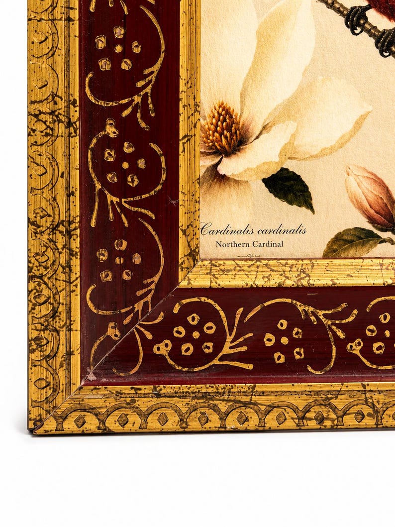 Vintage-Galeriewandbild, kleines Kunstwerk – fertig zum Aufhängen, burgunderroter Goldfiligranrahmen, Giclée-Druck „Nordkardinal“, 4x6 Bild 6