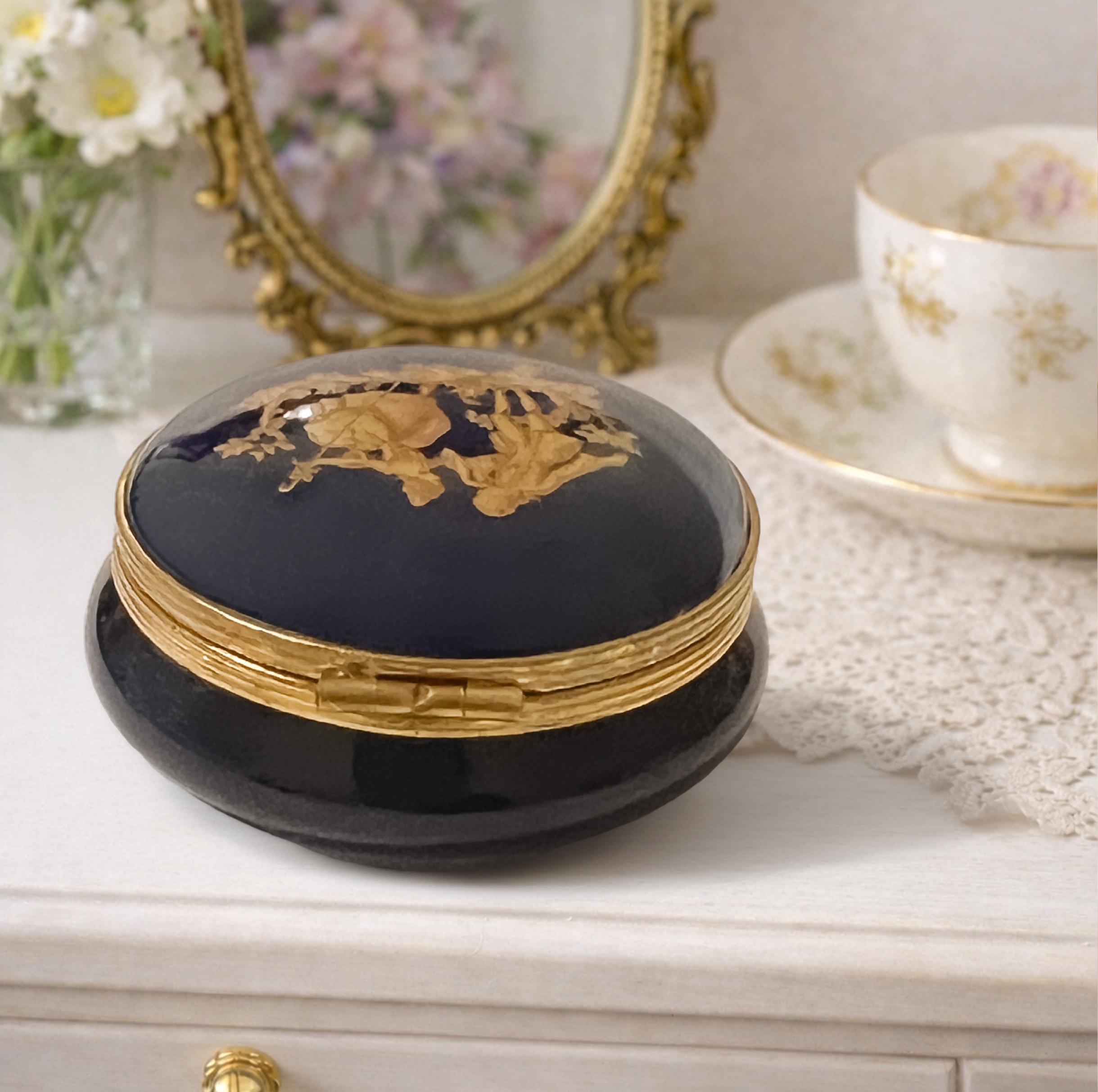 Luxury Limoges France Cobalt Blue Round Trinket Box | 22K Gold