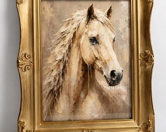Antique Gilt Wood Frame Equestrian Wall Art, Heavy Impasto Horse Portrait Print on Canvas Under Glass, Fade Resistant, Ornate Carved Frame