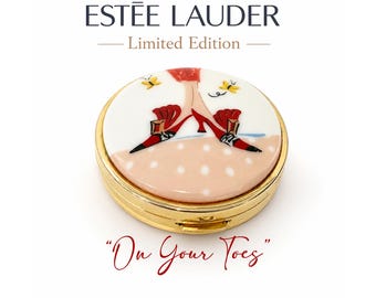 Estuche compacto Estée Lauder "On Your Toes" Lucidity vintage y raro, tapa de porcelana con camafeo, estuche compacto de colección, tocador rojo con tacón de aguja, regalo para ella.
