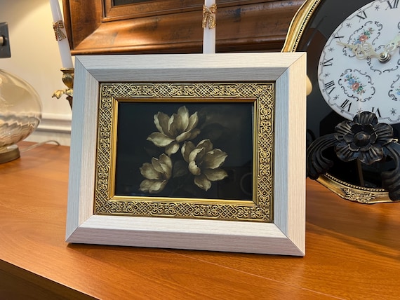 Fine Art Gallery Quality Print on Somerset Velvet Paper, 7×5 Luxury Floral Artwork with Carved Gold Frame, Moody Dark Style Floral Art