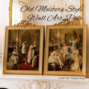 Puede incluir: Un par de láminas de arte mural enmarcadas con escenas de interiores del siglo XVIII y figuras con ropa de época. Los marcos dorados ornamentados rodean pinturas de personas en una habitación con chimenea. Texto: Old Masters Style Wall Art Pair.