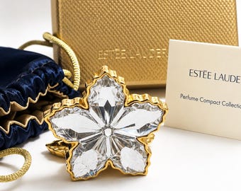 Rzadki, zabytkowy zestaw perfum Estée Lauder Luxury Intuition Sparkling Snowflake w kompakcie Crystal Floral Gold, kompletny zestaw