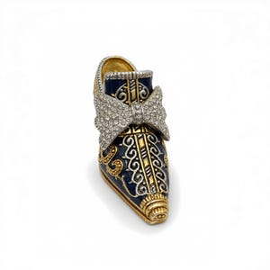 Caixa de sapatos vintage rara QIFU em esmalte azul marinho vitoriano, com laço de cristal, filigrana dourada e detalhes em joias, perfeita para colecionadores. Um presente de luxo para ela.