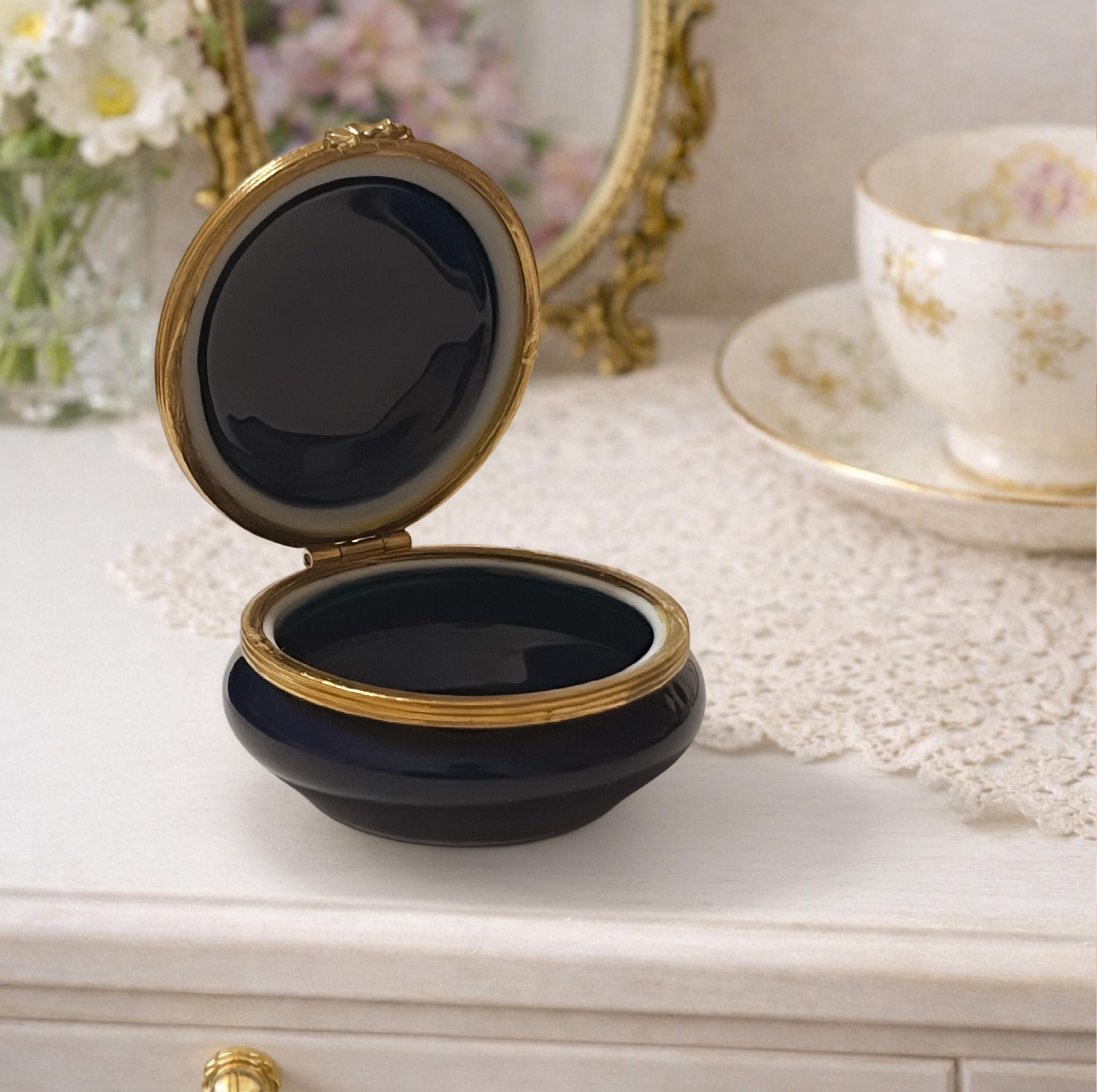 Luxury Limoges France Cobalt Blue Round Trinket Box | 22K Gold