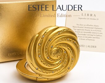 Luxury Estée Lauder Golden Libra Compact Lucidity Translucent Pressed Powder, Vintage Zodiac Collectible, Crystal Clasp, Original Box NIB