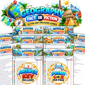 May include: A collection of Geography Fact or Fiction game sheets featuring colorful illustrations of global landmarks, globes, and compasses. The set includes ten themed activity pages with questions, answer keys, and print options.