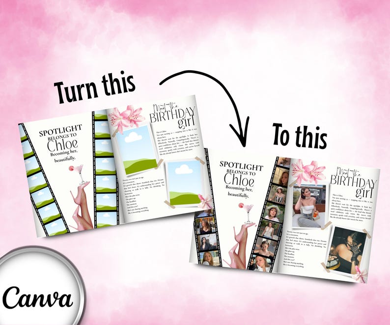 K&ouml;nnte beinhalten: Ein Vorher-Nachher-Layout eines mit Canva erstellten Geburtstagsmagazins. Die linke Seite zeigt ein Mock-up mit dem Text "SPOTLIGHT BELONGS TO Chloe Becoming her, beautifully." Die rechte Seite zeigt das fertige Magazin mit Fotos.