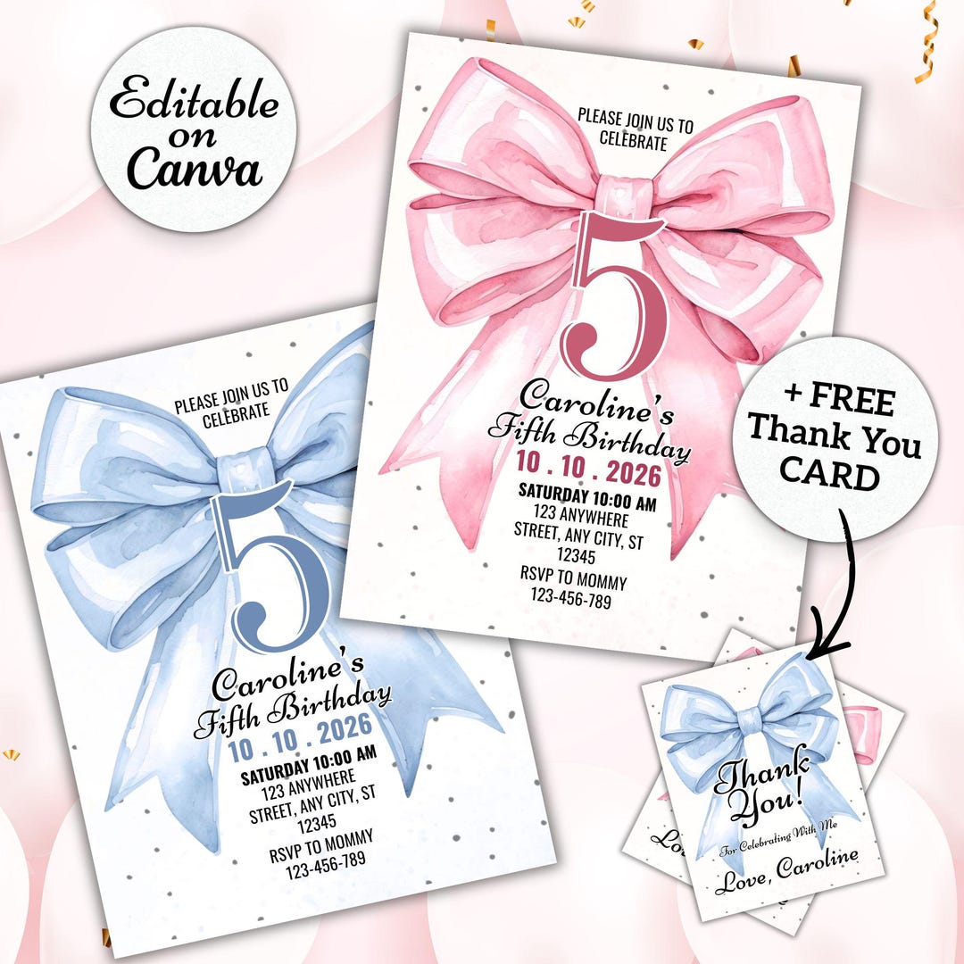 Pink Bow Coquette Bow Birthday Invitation, Watercolor Pink Bow Birthday ...