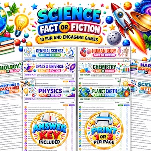 May include: A collection of Science Fact or Fiction game sheets featuring colorful illustrations of planets, a rocket, a lightbulb, and scientific icons. The set includes various topics like biology, chemistry, and physics, with an answer key included.