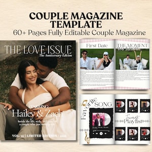 以下が含まれることがあります： 「Couple Magazine Template」というタイトルの雑誌テンプレートで、60ページ以上あります。表紙には、Hailey & Zachというカップルがいて、「The Love Issue」というテキストがあります。内側のページには、カップルの生活に関する写真とテキストが表示され、「Favorite Song」と「Favorite Playlist」が含まれています。