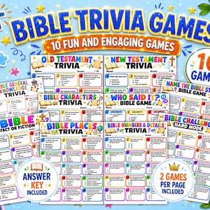 Puede incluir: Una colección de diez hojas de juegos de trivia bíblica con encabezados coloridos y preguntas de opción múltiple. El conjunto incluye títulos como Old Testament Trivia, New Testament Trivia y Bible Characters Trivia, con clave de respuestas.