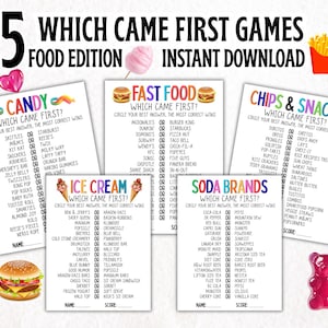 Könnte beinhalten: Ein druckbares Spielblatt mit dem Titel "5 Which Came First Games Food Edition Instant Download". Die Spielblätter umfassen Kategorien wie Süßigkeiten, Fast Food, Chips & Snacks, Eiscreme und Limonadenmarken. Jede Kategorie listet Lebensmittel auf.