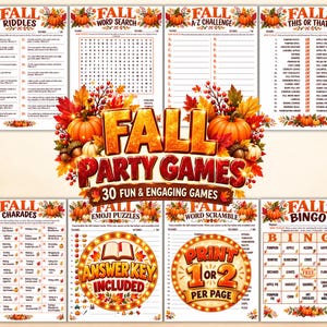May include: A collection of printable autumn party games featuring eight distinct activity sheets including riddles, word search, A-Z challenge, this or that, charades, emoji puzzles, word scramble, and bingo, all decorated with pumpkins and autumn leaves.