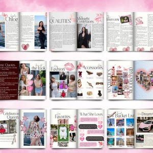 K&ouml;nnte beinhalten: Ein Magazin-Layout mit einem rosa und wei&szlig;en Thema. Die Seiten zeigen Artikel mit Titeln wie "Chloe", "Qualit&auml;ten" und "Mitternachtsgest&auml;ndnisse". Bilder zeigen Mode, Accessoires und ein Moodboard. Das Layout ist feminin und stilvoll.