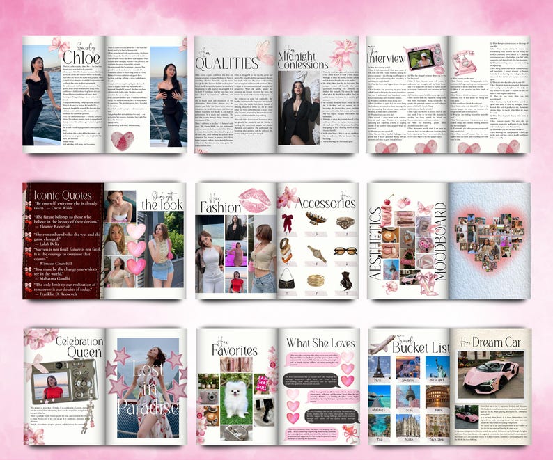 K&ouml;nnte beinhalten: Ein Magazin-Layout mit einem rosa und wei&szlig;en Thema. Die Seiten zeigen Artikel mit Titeln wie "Chloe", "Qualit&auml;ten" und "Mitternachtsgest&auml;ndnisse". Bilder zeigen Mode, Accessoires und ein Moodboard. Das Layout ist feminin und stilvoll.