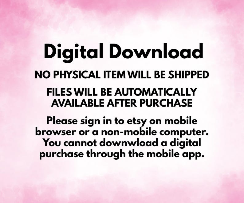 K&ouml;nnte beinhalten: Grafik f&uuml;r digitalen Download auf rosa Aquarellhintergrund. Der Text lautet "Digitaler Download" und erkl&auml;rt, dass kein physischer Artikel versendet wird. Dateien sind nach dem Kauf automatisch verf&uuml;gbar. Anweisungen werden bereitgestellt.