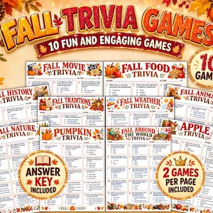 May include: A collection of ten printed autumn trivia game sheets featuring themes like movies, food, history, traditions, weather, animals, nature, pumpkins, apples, and world facts. Each sheet includes multiple-choice questions and an answer key.