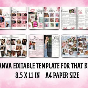 K&ouml;nnte beinhalten: Ein rosa Canva-Vorlage zum Bearbeiten f&uuml;r ein BFF-Scrapbook. Die Vorlage enth&auml;lt Abschnitte f&uuml;r eine Lieblings-Song-Playlist, ein Lieblingsbuch, ein Interview, Feier-Momente, Charakter-Energie, Fakten und Erinnerungen. Entworfen f&uuml;r A4-Papier.