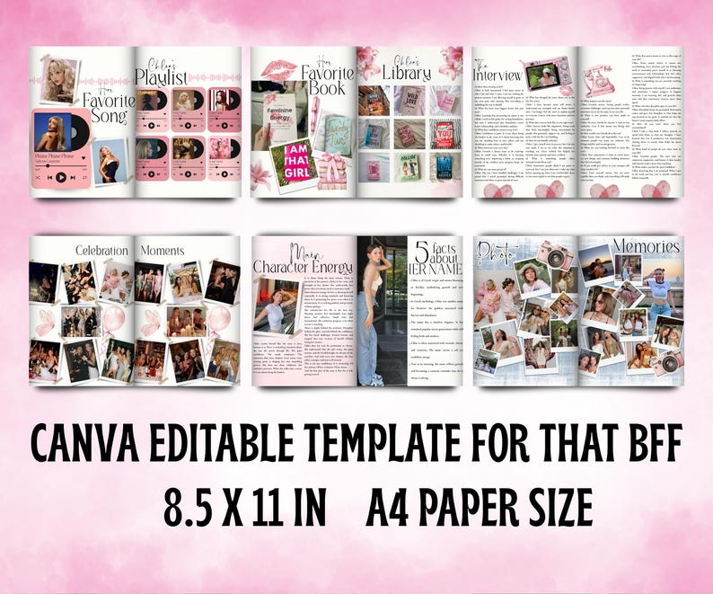 K&ouml;nnte beinhalten: Ein rosa Canva-Vorlage zum Bearbeiten f&uuml;r ein BFF-Scrapbook. Die Vorlage enth&auml;lt Abschnitte f&uuml;r eine Lieblings-Song-Playlist, ein Lieblingsbuch, ein Interview, Feier-Momente, Charakter-Energie, Fakten und Erinnerungen. Entworfen f&uuml;r A4-Papier.