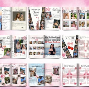 K&ouml;nnte beinhalten: Ein mehrseitiges Scrapbook-Layout mit rosa und wei&szlig;en floralen Akzenten. Die Seiten zeigen Fotos, Text und Titel wie "Inhaltsverzeichnis", "Spotlight", "Birthday Girl" und "Best Wishes". Das Thema scheint eine Geburtstagsfeier zu sein.