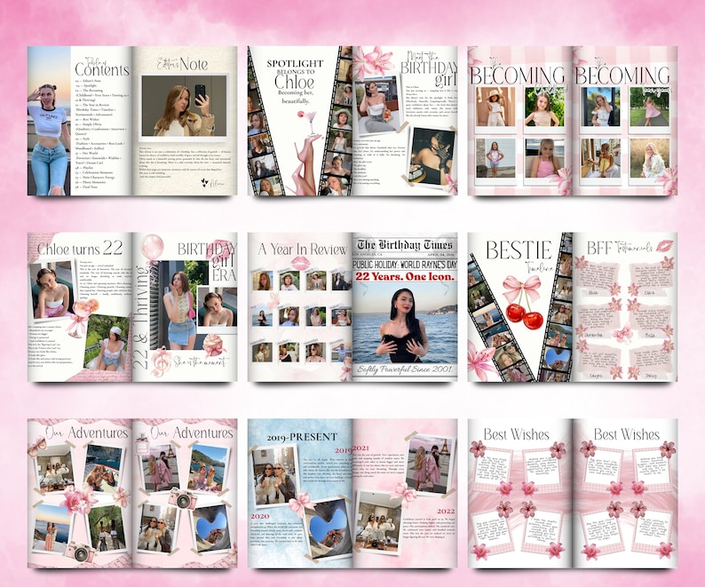 K&ouml;nnte beinhalten: Ein mehrseitiges Scrapbook-Layout mit rosa und wei&szlig;en floralen Akzenten. Die Seiten zeigen Fotos, Text und Titel wie "Inhaltsverzeichnis", "Spotlight", "Birthday Girl" und "Best Wishes". Das Thema scheint eine Geburtstagsfeier zu sein.