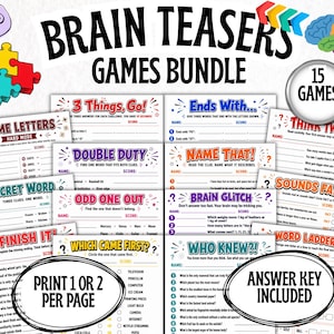 May include: A Brain Teasers Games Bundle featuring 15 printable activity sheets with various word puzzles and logic challenges. The collection includes titles like Same Letters, Double Duty, and Brain Glitch, with an answer key included for all games.