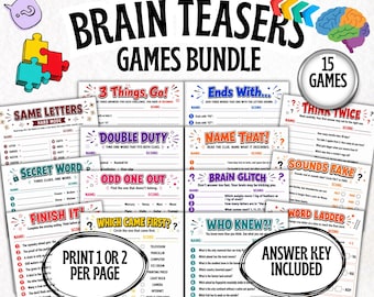 Puede incluir: Un paquete de juegos de ingenio Brain Teasers que incluye 15 hojas de actividades imprimibles con varios acertijos de palabras y desafíos lógicos. La colección incluye títulos como Same Letters, Double Duty y Brain Glitch, con clave de respuestas.