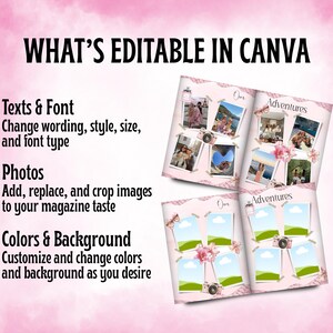 K&ouml;nnte beinhalten: Ein rosa Canva-Vorlagendesign mit dem Text "WHAT'S EDITABLE IN CANVA". Das Design hebt die M&ouml;glichkeit hervor, Text, Fotos, Farben und Hintergrund zu bearbeiten. Die Vorlage enth&auml;lt Beispielbilder und das Wort "Adventures".