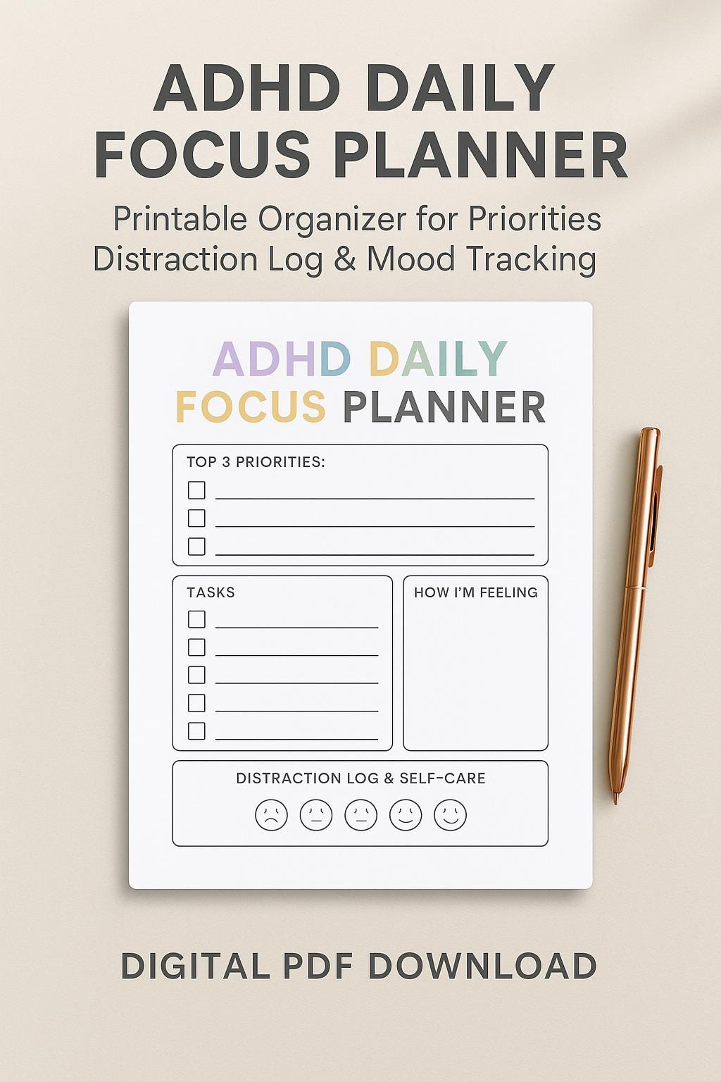 ADHD Daily Focus Planner: Printable Organizer, Mood & Distraction Log ...