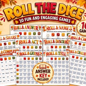 May include: A collection of ten printable game sheets titled Roll The Dice, featuring autumn-themed graphics with seasonal leaves and pumpkins. Each sheet includes dice icons and text prompts for activities like Roll & Answer, Roll & Name 3, and Roll & Complete, plus a circular badge stating Answer Key Included.