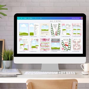 K&ouml;nnte beinhalten: Ein Computermonitor zeigt ein digitales Magazin-Layout mit verschiedenen Cover-Designs und Seitenlayouts. Das Magazin hat ein rosa und gr&uuml;nes Farbschema mit dem Titel "Birthday Magazine" oben. Der Bildschirm steht auf einem wei&szlig;en Schreibtisch mit einer Kaffeetasse und einer kleinen Pflanze.