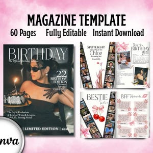 以下が含まれることがあります： 「MAGAZINE TEMPLATE」と「60 Pages Fully Editable Instant Download」のテキストが入った雑誌テンプレート。雑誌の表紙にはサングラスをかけた女性と「BIRTHDAY」の文字が描かれています。Canvaのロゴが左下にあります。