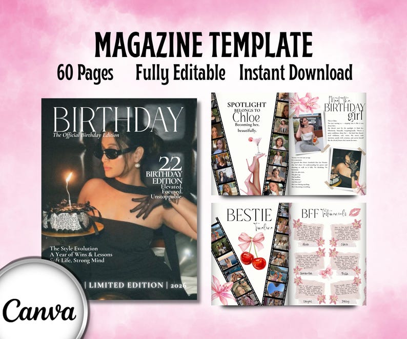 K&ouml;nnte beinhalten: Magazinvorlage mit dem Text "MAGAZINE TEMPLATE" und "60 Pages Fully Editable Instant Download". Das Magazincover zeigt eine Frau mit Sonnenbrille und den Text "BIRTHAY". Das Canva-Logo befindet sich in der unteren linken Ecke.