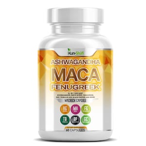 May include: A white plastic bottle of dietary supplements. The label features the words "Ashwagandha Maca Fenugreek" in large, bold letters. The bottle also lists the ingredients and the number of capsules.